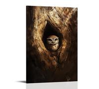 CBWVUWHJW Un piccolo gufo che sbircia dalla cavità di un albero antico, incorniciato da pennellate marroni terrose. Decorazione da parete alla moda, poster artistico da appendere e mural40 x 60 cm