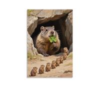 CBWVUWHJW Una marmotta colpisce la testa fuori dalla grotta, tenendo un trifoglio in bocca, seguito da una serie di piccole marmotte decorazione da parete alla moda - poster artistico da appendere e