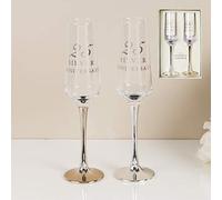 CC - Set di 2 calici da champagne dritti per 25° anniversario di matrimonio, con steli in argento, per aggiungere il proprio messaggio (non personalizzati)