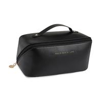 CCAIPU Borsa per il trucco da viaggio, borse cosmetiche di grande capacità per donne in pelle PU borsa da toilette impermeabile sacchetto portatile aperto piatto trucco borsa con manico (Nero)
