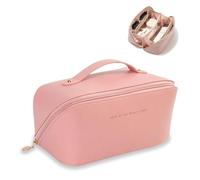 CCAIPU Borsa per il trucco da viaggio, borse cosmetiche di grande capacità per donne in pelle PU borsa da toilette impermeabile sacchetto portatile aperto piatto trucco borsa con manico (Rosa)