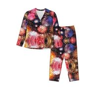 cchgnm Bella stampa fuochi d'artificio morbido pigiama a maniche lunghe, vestito da pigiama da donna, Nero , XXL