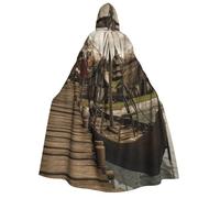 cchgnm Costume da stregone medievale retrò con stampa di una vecchia barca vichinga, mantello da cavaliere con cappuccio per adulti per uomini e donne