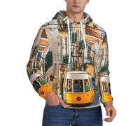 cchgnm Felpa con cappuccio in pile da uomo con stampa tram Lisbona, felpa con cappuccio casual a maniche lunghe, Nero , XL