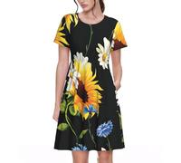 cchgnm Girasoli Camomilla Stampa Donna Moda Spiaggia Dres, Nero , XXL