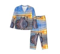 cchgnm Lago Sotto Il Tramonto Stampa Morbido Pigiama A Maniche Lunghe,Vestiti Del Pigiama Delle Signore, Nero , XL