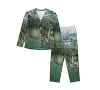 cchgnm Pesce con un pigiama morbido a maniche lunghe con stampa di esca, pigiama da donna, Nero , XXL