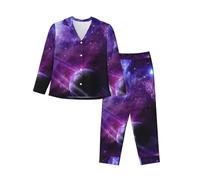 cchgnm Pigiama a maniche lunghe con stampa stellata viola stellata galassia, pigiama da donna, Nero , XL