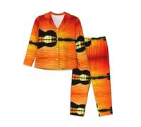 cchgnm Pigiama a maniche lunghe morbido con stampa riflessa della chitarra del lago, pigiama da donna, Nero , L