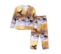 cchgnm Pigiama morbido a maniche lunghe con stampa di fagiano che cattura il cane,Vestiti del pigiama delle signore, Nero , L