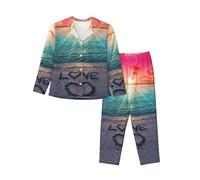 cchgnm Pigiama morbido a maniche lunghe con stampa Love Beach,Pigiama da donna, Nero , L