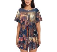 cchgnm Set pigiama a maniche corte da donna con stampa di Hong Kong,Loungewear morbido a due pezzi,Pigiama comodo, Nero , 3XL