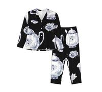 cchgnm Teiere disegnate a mano e tazze stampa morbido pigiama a maniche lunghe, vestiti del pigiama delle signore, Nero , L