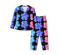 cchgnm Tre Fiori Stampa Morbido Pigiama A Maniche Lunghe,Vestiti Del Pigiama Delle Signore, Nero , XXL