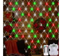 CCILAND Rete luminosa natalizia rossa, bianca, verde, 1,5 m x 1,5 m, 100 LED a batteria, con telecomando, 8 modalità, impermeabile, per cespugli, giardino, recinzione, parete, feste, matrimoni