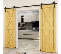 CCJH 9FT/274 cm Ferramenta Kit Binario per Porte Scorrevoli Basculanti in Legno Sistema a Rulliera e Binario per Porte Doppie con Guida a Pavimento Regolabile