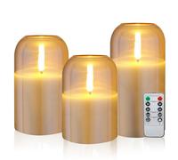 CCLIFE Candele LED Candele batteria con effetto vetro, Candele Senza Fiamma candele elettriche pilastro con telecomando timer per decorazione natale, 3 pezzi in Champagne CushHom