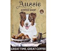 CCPARTON Targhe in metallo con cane pastore australiano australiano australiano caffetteria, cartelli vintage retrò in alluminio per casa, bar, cucina, 20,3 x 30,5 cm