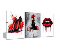 CCWACPP Quadri su tela da donna alla moda tacchi alti rossi labbra stampe per ragazze set di 3 pezzi decorazioni per la sala trucco per ragazze incorniciato (30x40cmx3)