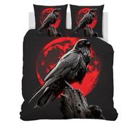 CCZM Copripiumino Una Piazza e Mezza Corvo, Biancheria da Letto Luna Rosso Sangue in Microfibra, 1 Parure Copri Piumone Fauna Gotica 200x200 con 2 Federe 50x80 cm con Cerniera, F-748