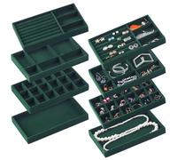 CDBOVID Set di 8 organizer impilabili per gioielli, vassoi impilabili per cassetti, contenitori per gioielli, espositori, per orecchini, collane, anelli, bracciali, con divisori rimovibili, verde