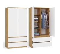 CDF Armadio Camera da Letto 2 Ante 2 Cassetti 90 cm Rovere Artisan-Bianco | Guardaroba, appendiabiti con porta, mobile salvaspazio, per ingresso e cameretta, organizzazione abiti quotidiana