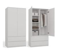 CDF Armadio Camera da Letto 90 cm Larghezza - con 2 Ante e 2 Cassetti Armadio Ingresso Due Ante Guardaroba Salvaspazio Appendiabiti con Porta Mobile per Cameretta dei Bambini Bianco