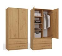 CDF Armadio Camera da Letto 90 cm Larghezza - con 2 Ante e 2 Cassetti Armadio Ingresso Due Ante Guardaroba Salvaspazio Appendiabiti con Porta Mobile per Cameretta dei Bambini Rovere Artisan