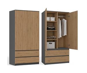 CDF Armadio Camera da Letto 90 cm Larghezza - con 2 Ante e 2 Cassetti Armadio Ingresso Due Ante Guardaroba Salvaspazio Appendiabiti con Porta Mobile per Cameretta dei Bambini Rovere Artisan/Antracite