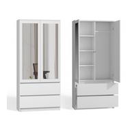 CDF Armadio con Specchio Camera da Letto con 2 Ante e 2 Cassetti Armadio Ingresso Due Ante Guardaroba Salvaspazio 90 cm Appendiabiti con Porta Mobile per Cameretta dei Bambini Rovere Bianco