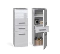 CDF Mobile alto da bagno NEL V DDS | Colore: Bianco lucido | Moderno scaffale da bagno | Armadio portaoggetti | Spaziosi ripiani | Porte | Montaggio facile | Maniglie eleganti