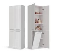 CDF Mobile da Bagno con Armadietti e Ante Bianco Lucido Colonna Bagno Salvaspazio 1 Cesto per la Biancheria Mobile Alto a Colonna Cesto Portabiancheria Armadio Bagno 174 x 60 x 30