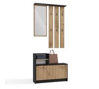 CDF Mobile Ingresso Set Guardaroba con Specchio Appendiabiti a Parete 6 Ganci e Scarpiera Portascarpe 9 Paia Scarpe Salvaspazio Stretto 85 x 24 x 180 cm Bianco Arredo Entrata Moderno e Attaccapanni