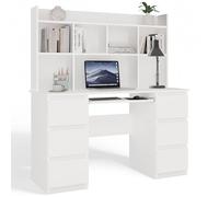 CDF Scrivania con Libreria Sopralzo 6 Cassetti e Ripiano Tastiera Mobile Ufficio Studio Postazione Lavoro Moderna Completa 130 x 51 x 146 cm - Bianco - Prolunga
