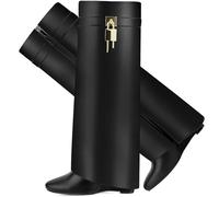 CDHYX Stivali pieghevoli da donna a punta pull-on con tacco a zeppa al ginocchio Shark Boot con cerniera laterale e design a lucchetto, nero, 43 EU