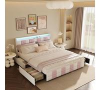 CDQL Letto imbottito 140 x 200 cm con 4 cassetti, testiera con porta USB e illuminazione a LED, letto matrimoniale con rete a doghe, letto da ragazza, letto funzionale, velluto, bianco e rosa