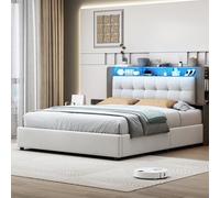 CDQL Letto imbottito 160 x 200 cm con vano portaoggetti ad aria bar, letto matrimoniale con illuminazione a LED e ricarica wireless, telaio con rete a doghe e scomparto per testate, letto funzionale