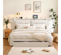 CDQL Letto matrimoniale imbottito 140 x 200 cm con vano portaoggetti ad aria bar, letto a LED con USB e 1 cassetto, struttura per letto con rete a doghe, letto per ragazzi, in velluto, beige
