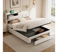CDQL Letto matrimoniale imbottito 140 x 200 cm con vano portaoggetti ad aria bar, letto a LED con USB e 1 cassetto, struttura per letto con rete a doghe, letto per ragazzi, in velluto, beige