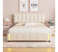 CDQL Letto matrimoniale imbottito 160 x 200 cm con vano portaoggetti ad aria bar, illuminazione a LED all'estremità del letto, struttura del letto con rete a doghe, letto funzionale, letto per ragazzi