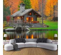 CDXNORA Carta da parati fotografica in setaPaesaggio Rurale 400×280cm,Verde Arancione carta da parati fotografica, per soggiorno, camera da letto, Capanna Nella Foresta Carta da Poster Giganti Muro
