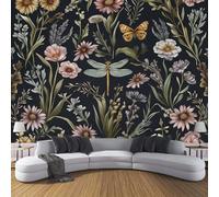 CDXNORA Carta da parati fotografica in setaStile Country 350×256cm,Nero carta da parati fotografica, per soggiorno, camera da letto, Fiori Di Campo Farfalle Libellule Carta da Poster Giganti Muro