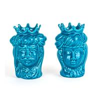 CEAR ceramiche - Teste di moro turchesi H cm 14 di Caltagirone, coppia teste di moro piccole fatte a mano