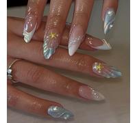 Ceboic 24 Pezzi Blu Bianco Unghie Finte Mandorla Medio 3D Handmade French Press on Nails con Perle Conchiglia Design Acrilico Copertura Completa Unghie Artificiali per Ragazze Donna Nail Art