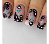 Ceboic 24 Pezzi Corte Press on Nails, Quadrate Nude Halloween Unghie Finte | Grazioso Spiritello della Fuliggine Unghie Finte Adesive, Rosa Blu Stelle Acrilico Unghie Artificiali per Donne e Ragazze
