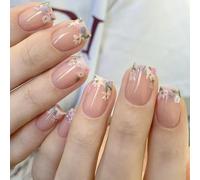Ceboic 24 Pezzi Francese Unghie Finte Adesive Quadrate Corte, Rosa Press on Nails con Motivo Floreale Dolce, Acrilico Copertura Completa Unghie, Rimovibili Stick on Nails per Donne e Ragazze
