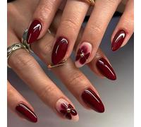 Ceboic 24 Pezzi Francese Unghie Finte, Corte Rosso Press on Nails, Mandorla Naturali Acrilico Stampa sulle Unghie, Fiore Artificiali Riutilizzabile Unghie a Pressione per Ragazze Donna DIY Manicure