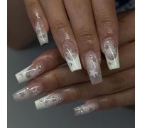 Ceboic 24 Pezzi Francese Unghie Finte Medie Quadrate Acrilico Copertura Completa Press on Nails con Pentagramma Bianco Artificiali Unghie Finte Adesive Ballerina Stick sulle Unghie per Donne e Ragazze