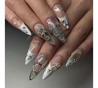 Ceboic 24 Pezzi Gotiche Unghie Finte Mandorla Lunghe, Bianco Argento French Press on Nails, Acriliche Copertura Completa Unghie Finte con Motivo a Pentagramma, Unghie a Pressione per Ragazze Donna