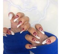 Ceboic 24 Pezzi Halloween French Unghie Finte, Lunghe Mandorla Press on Nails, Acrilico Copertura Completa Unghie Adesive, Gocce di Sangue Artificiali Stampa sulle Unghie per Donne Ragazze
